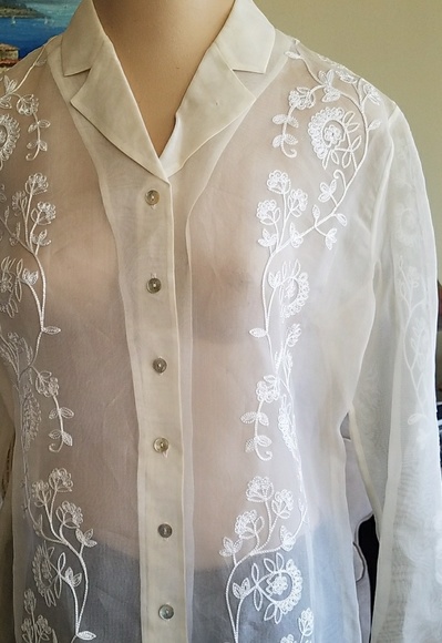 LAURA ASHLEY SHEER EMBROIDERED SILK SHIRT - Picture 1 of 8